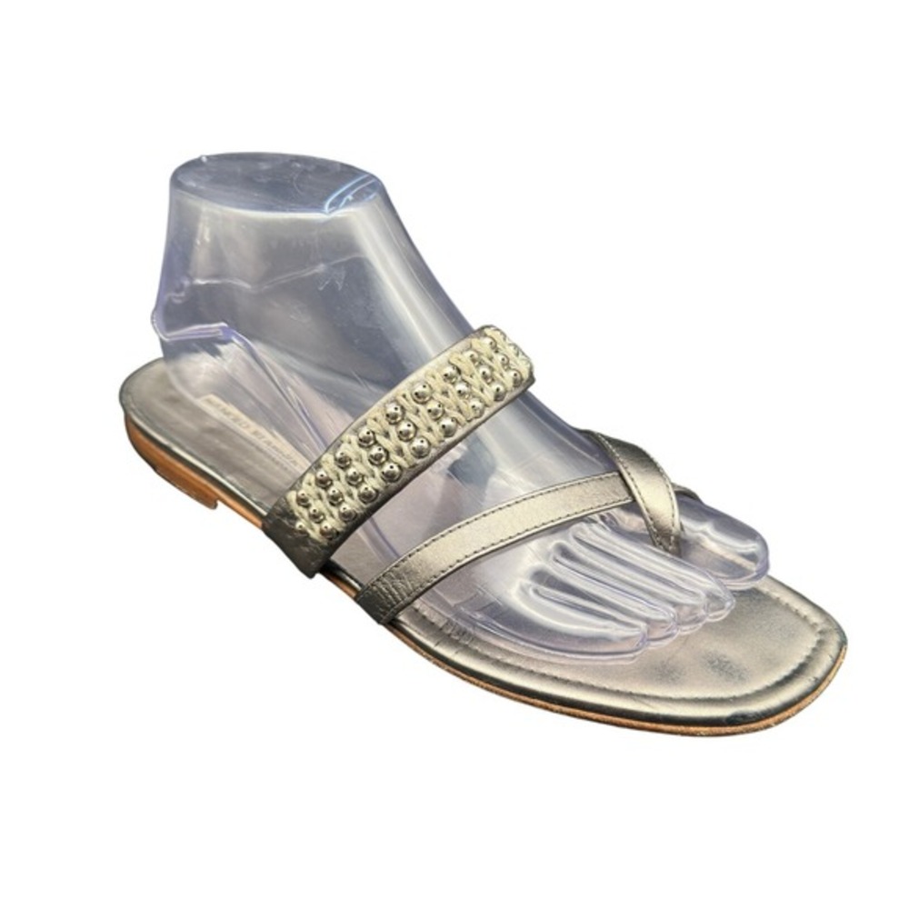Manolo Blahnik Metallic Pewter Leather Studded Flat Sandals Italy‎ KC Sz 39 1/2